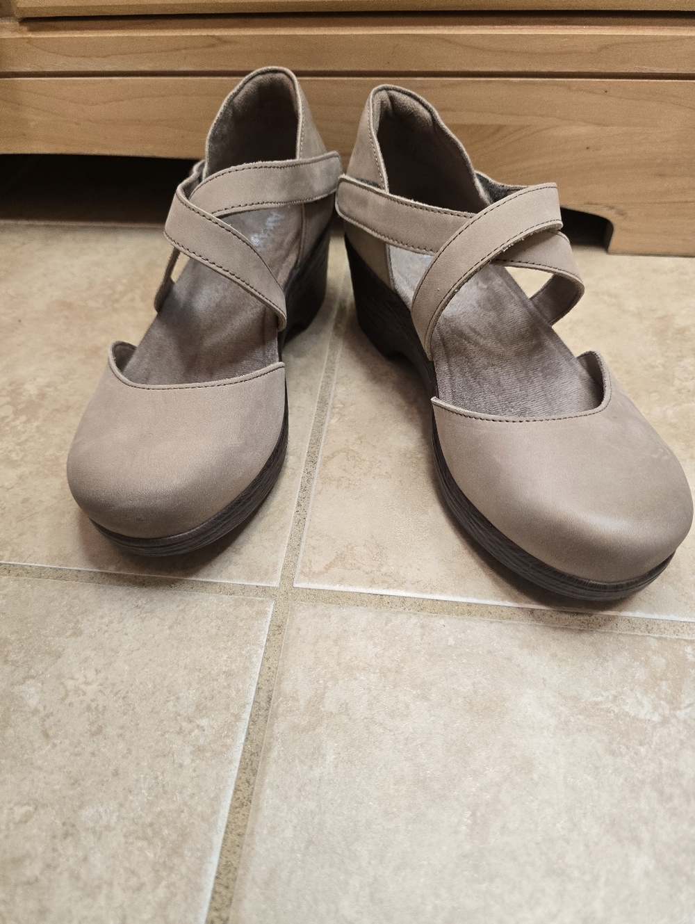 Alegria Taupe Cross-Strap Wedge Mary Jane